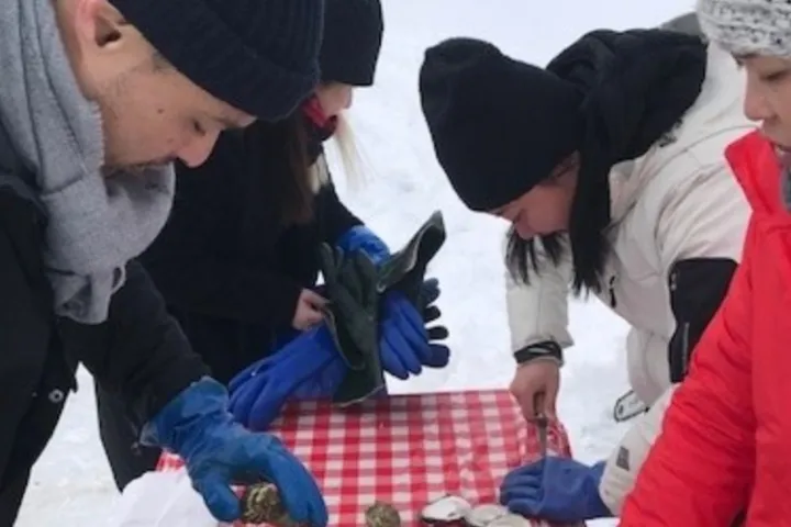 a group of people around each other